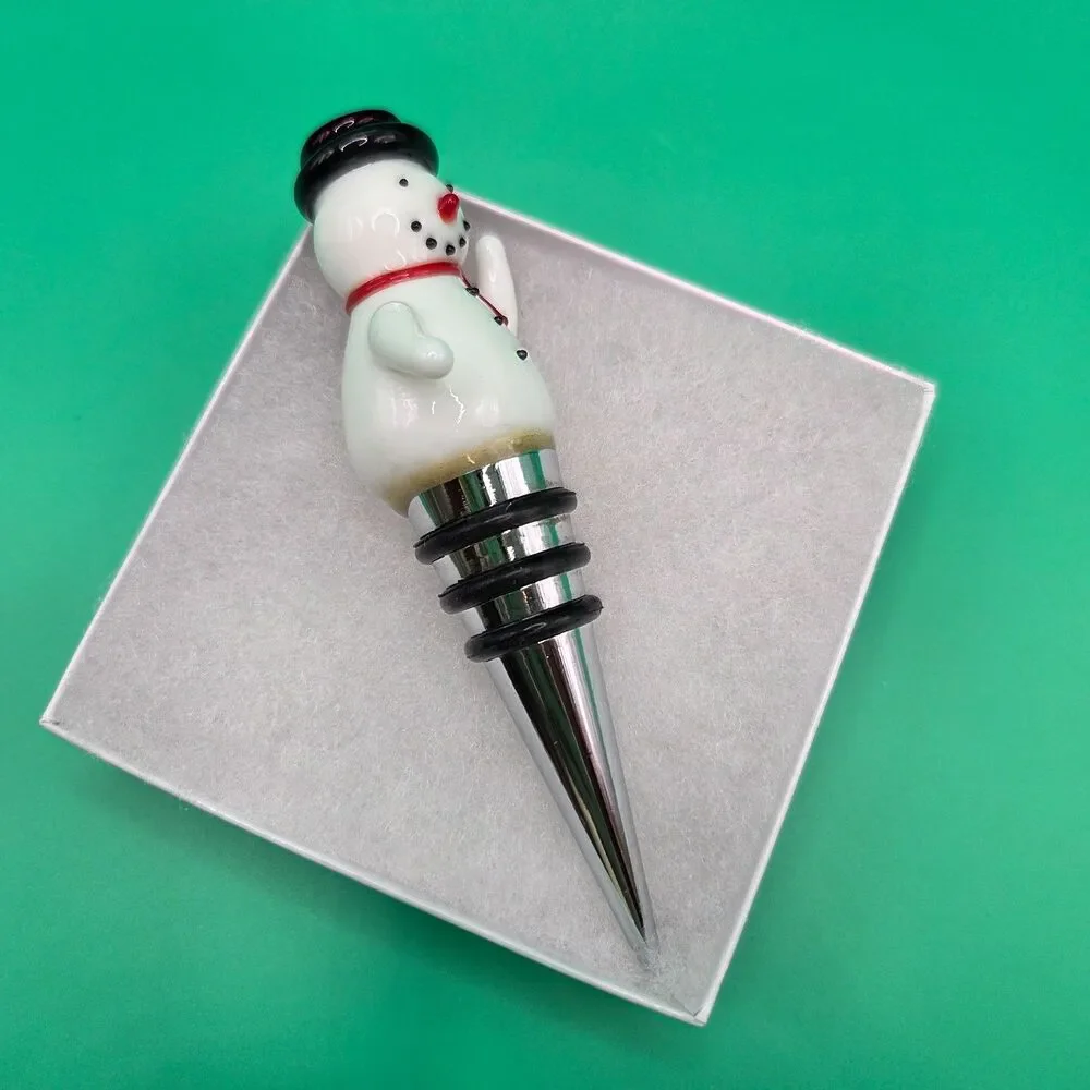 Hallmark Glass Snowman Wine Bottle Stopper Stainless Base Rubber Seal Rings